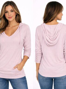 Pale Lilac Lace-Up Slv V-Neck Hoodie Comfy Lounge Pastel School Spring Travel